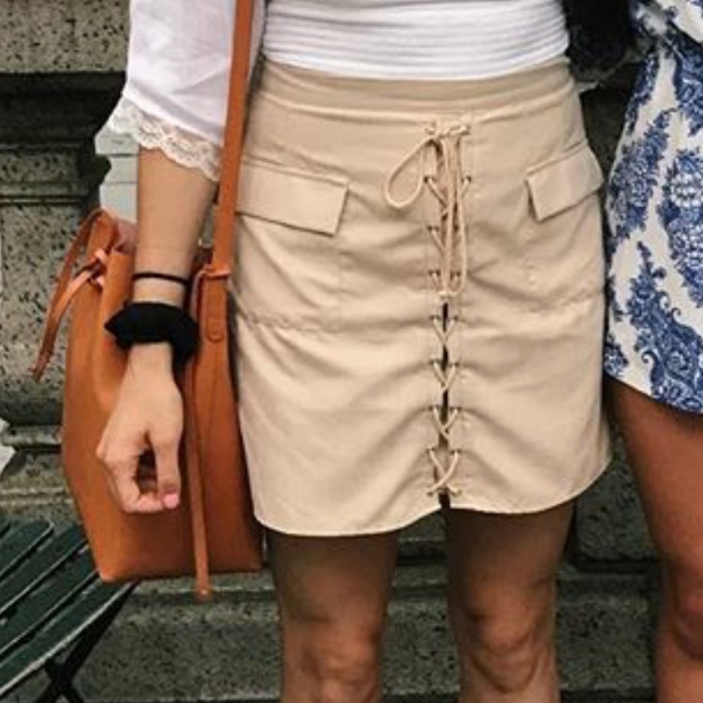 Lace up cream mini skirt
